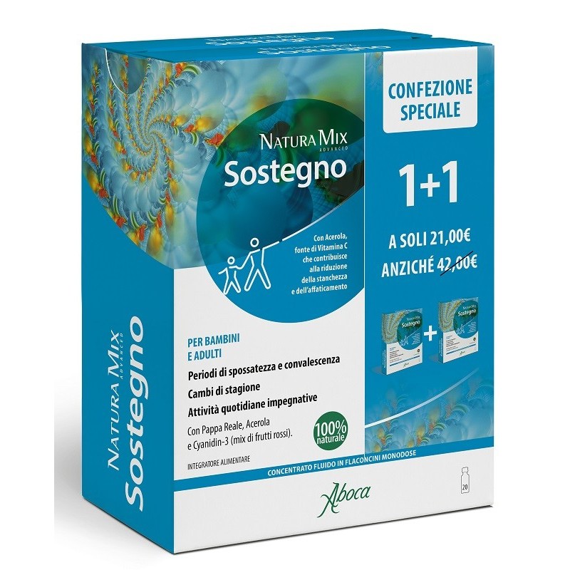 Aboca Natura Mix Advanced Sostegno 10 Flaconcini + 10 Flaconcini Confezione Speciale - Integratori per concentrazione e memor...