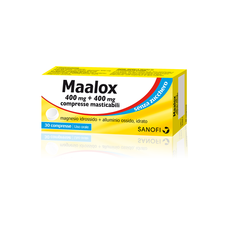 Maalox 400 Mg + 400 Mg Senza Zucchero 30 Compresse Masticabili - Farmaci per bruciore e acidità di stomaco - 020702229 - Maal...