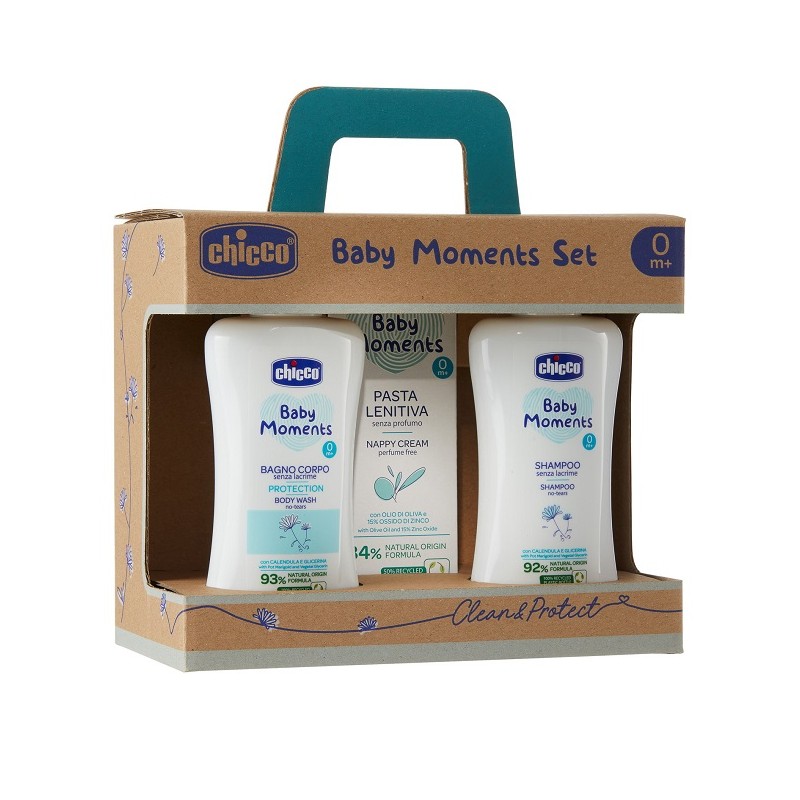 Chicco Baby Moments Set Bagnochiuma Pelli Delicate 200 Ml + Shampoo Pelli Delicate 200 Ml + Pasta Cambio Pelli Delicate 100 M...