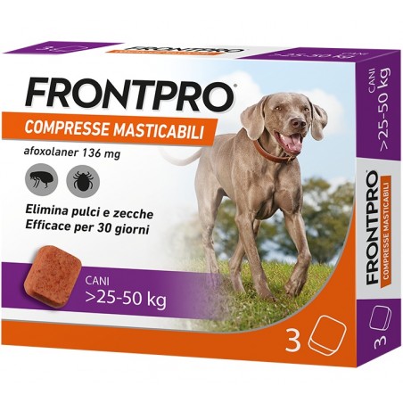 Frontpro Pulci Zecche Cani 25-50 Kg 3 Compresse Masticabili - 1 Frontpro Pulci Zecche Cani 25-50 Kg 3 Compresse Masticabili - 1